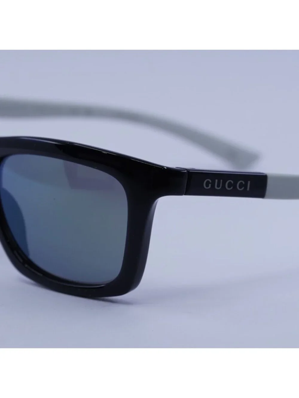 Gucci GG1735S 002 Sunglasses Black/White Rectangle Frame, Blue Mirror Lenses